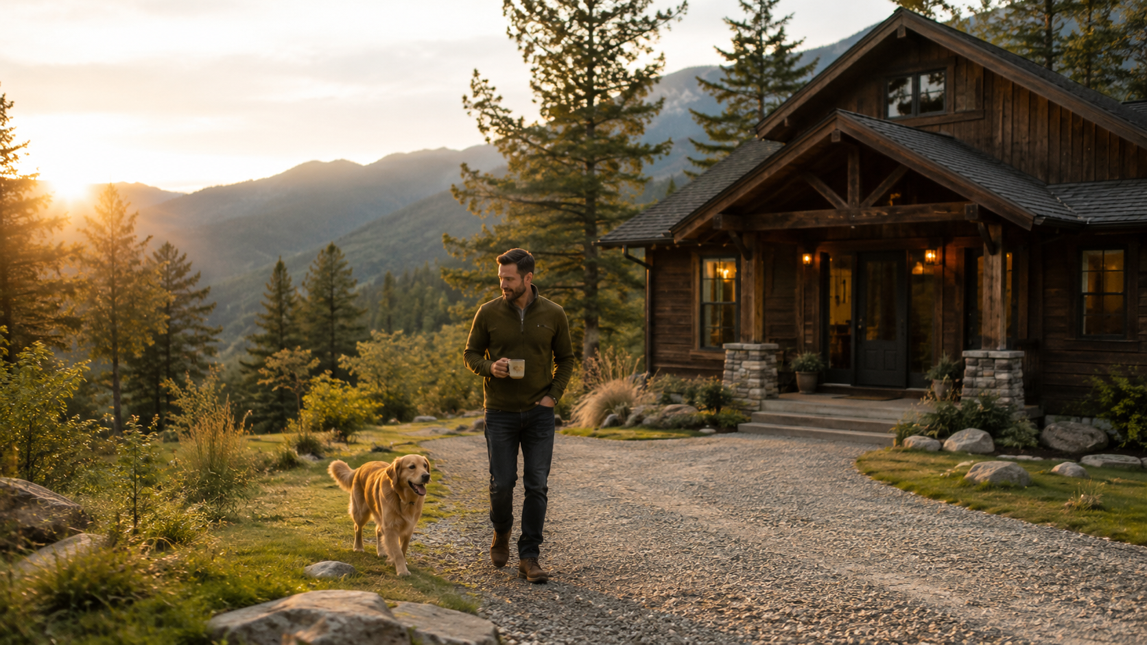 Dog walking near a mountain cabin driveway