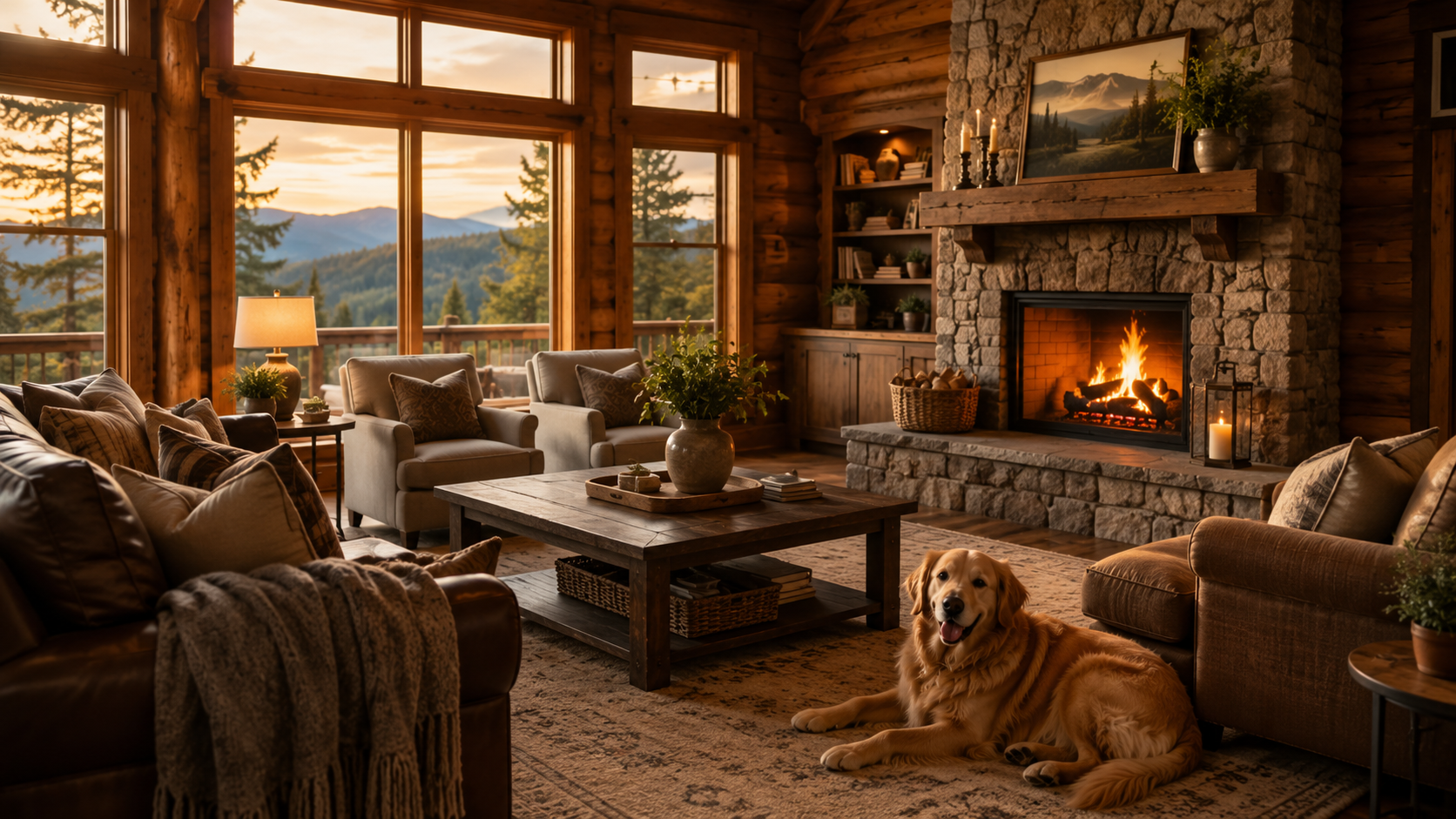 Dog relaxing inside a cozy cabin living room