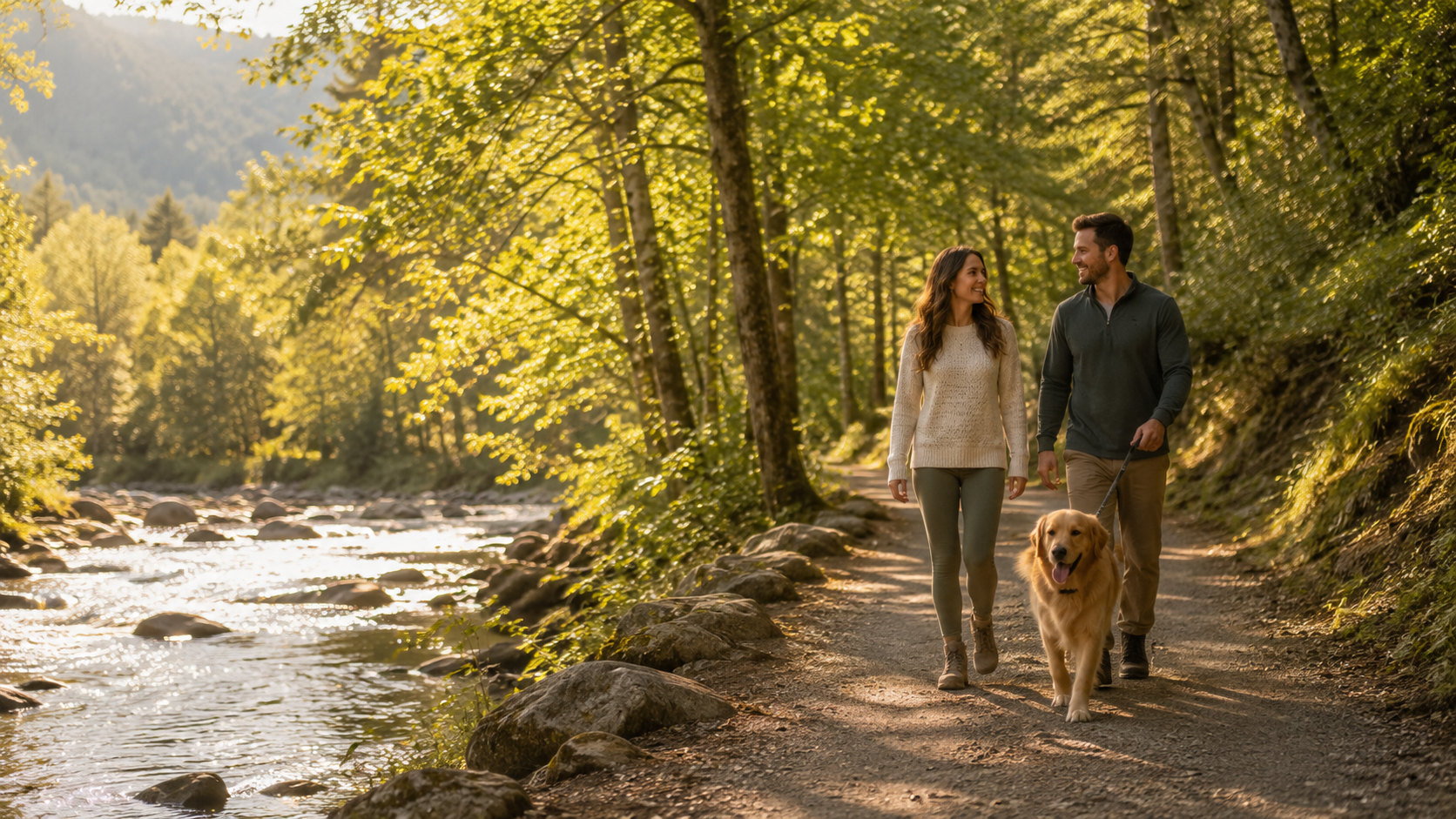 Couple walking a dog on a wooded riverside trail