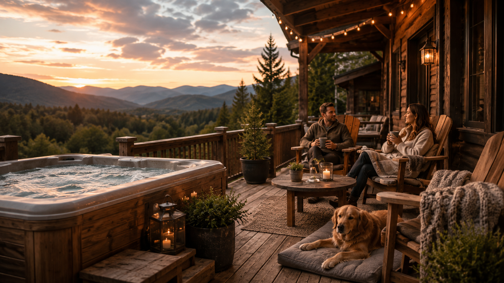 Dog resting on a cabin deck beside a private hot tub at sunset