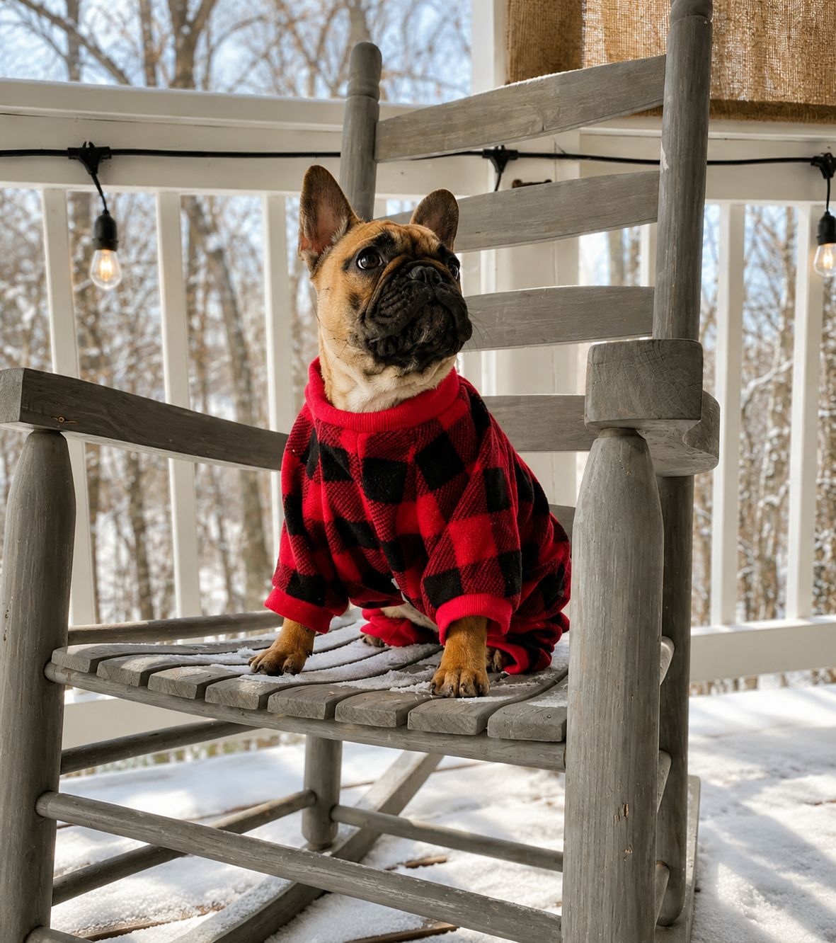 Dog wearing a plaid sweater on a snowy cabin deck