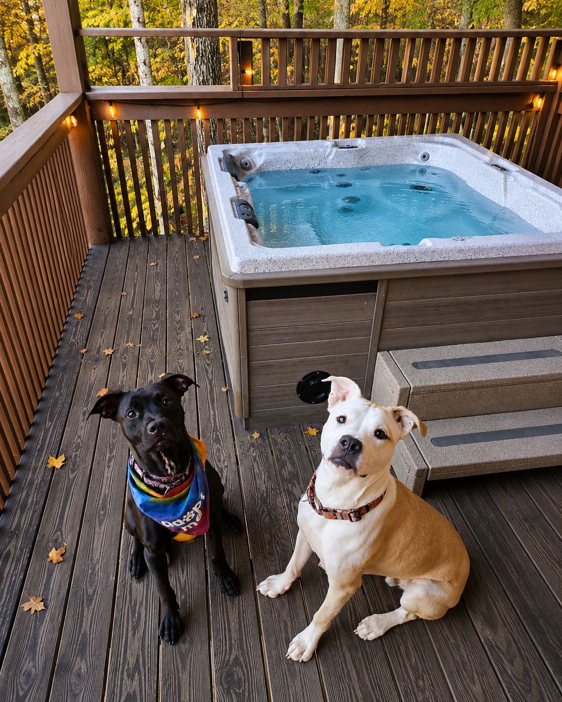 Two dogs sitting on a cabin deck beside a private hot tub in fall