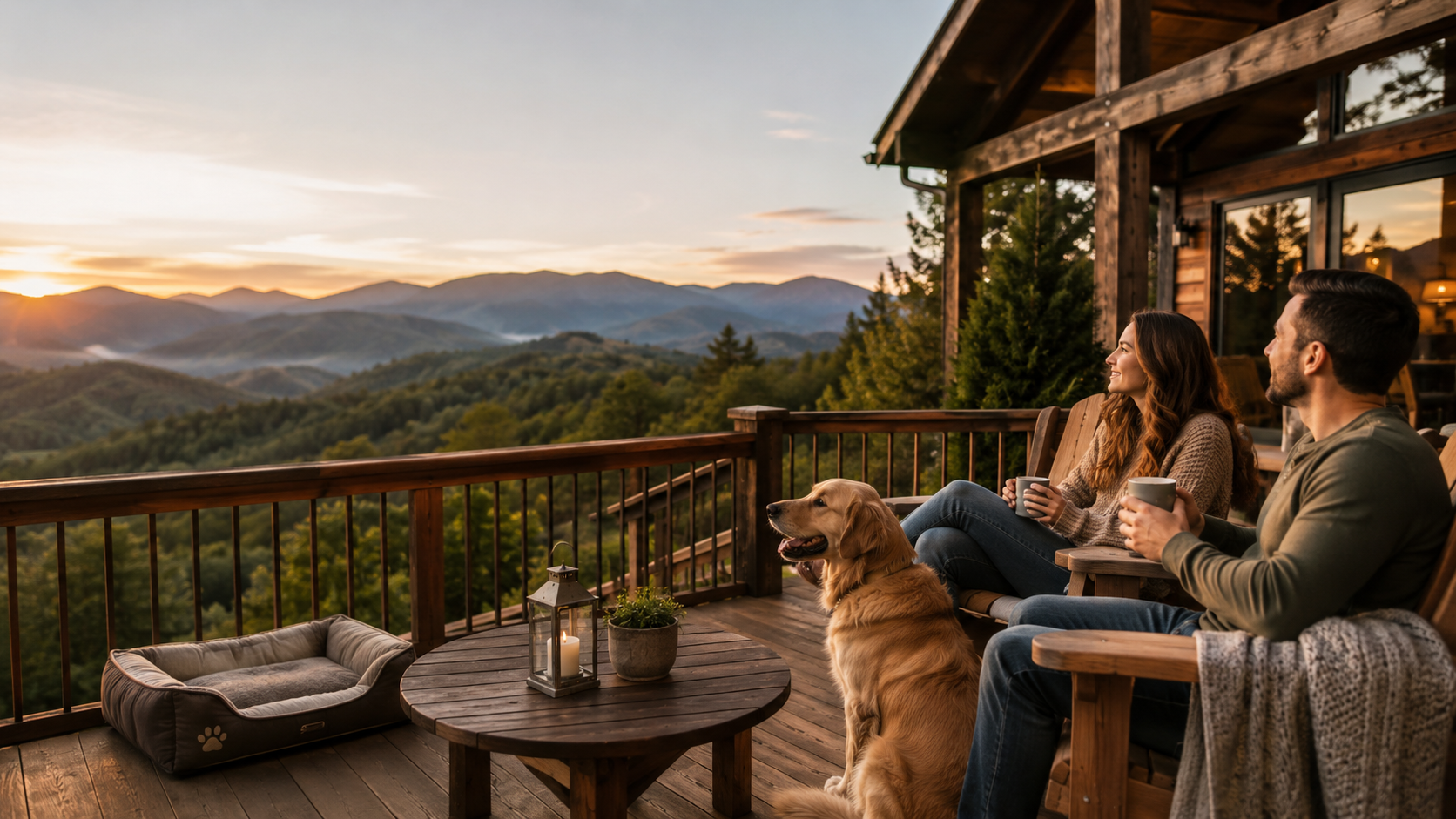 Guests relaxing with a dog on a mountain cabin deck