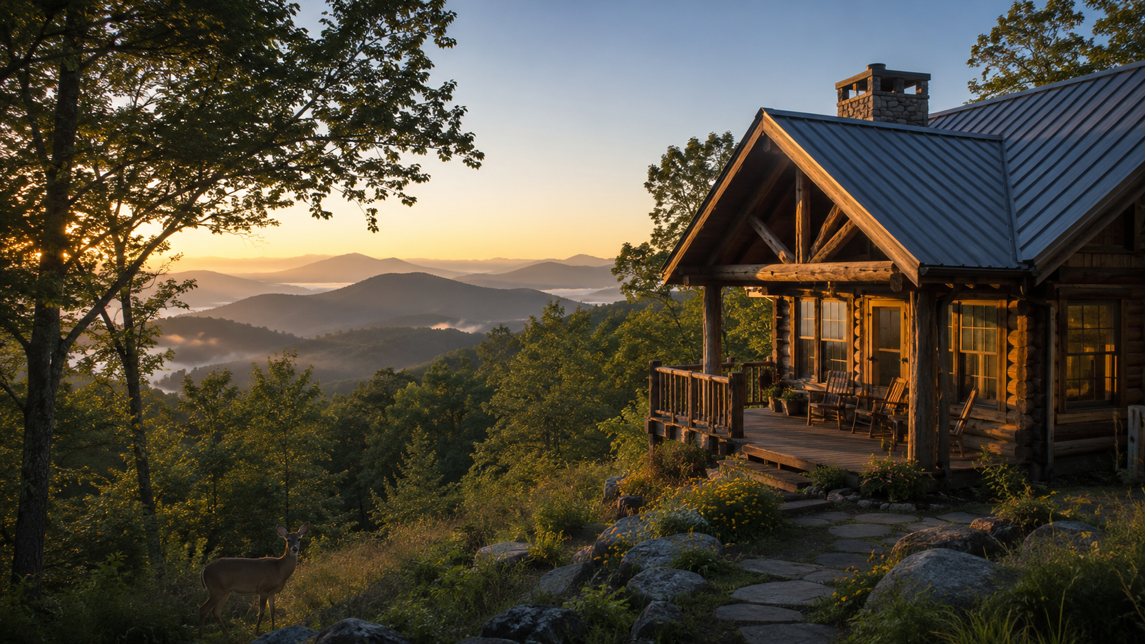 Mountain cabin with a deer nearby and Smoky Mountain views